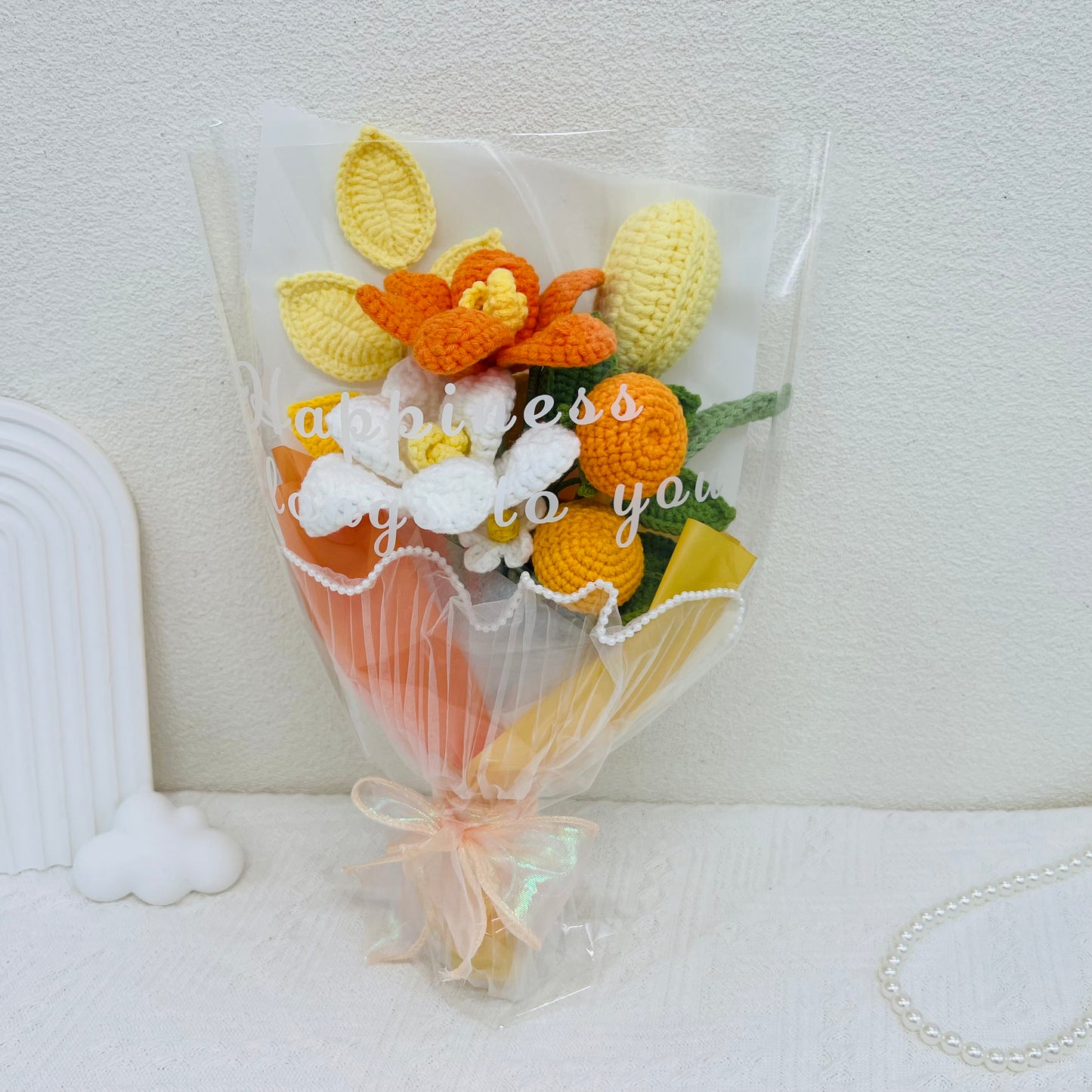 JOMODECOR Handmade Crochet Tulip Orange Bouquet, Knitted Artificial Forever Flowers with Exquisite Wrap, Gift to Girlfriend Mom Women, Perfect for Valentines, Home Decor, Celebration (Mixed Flowers)