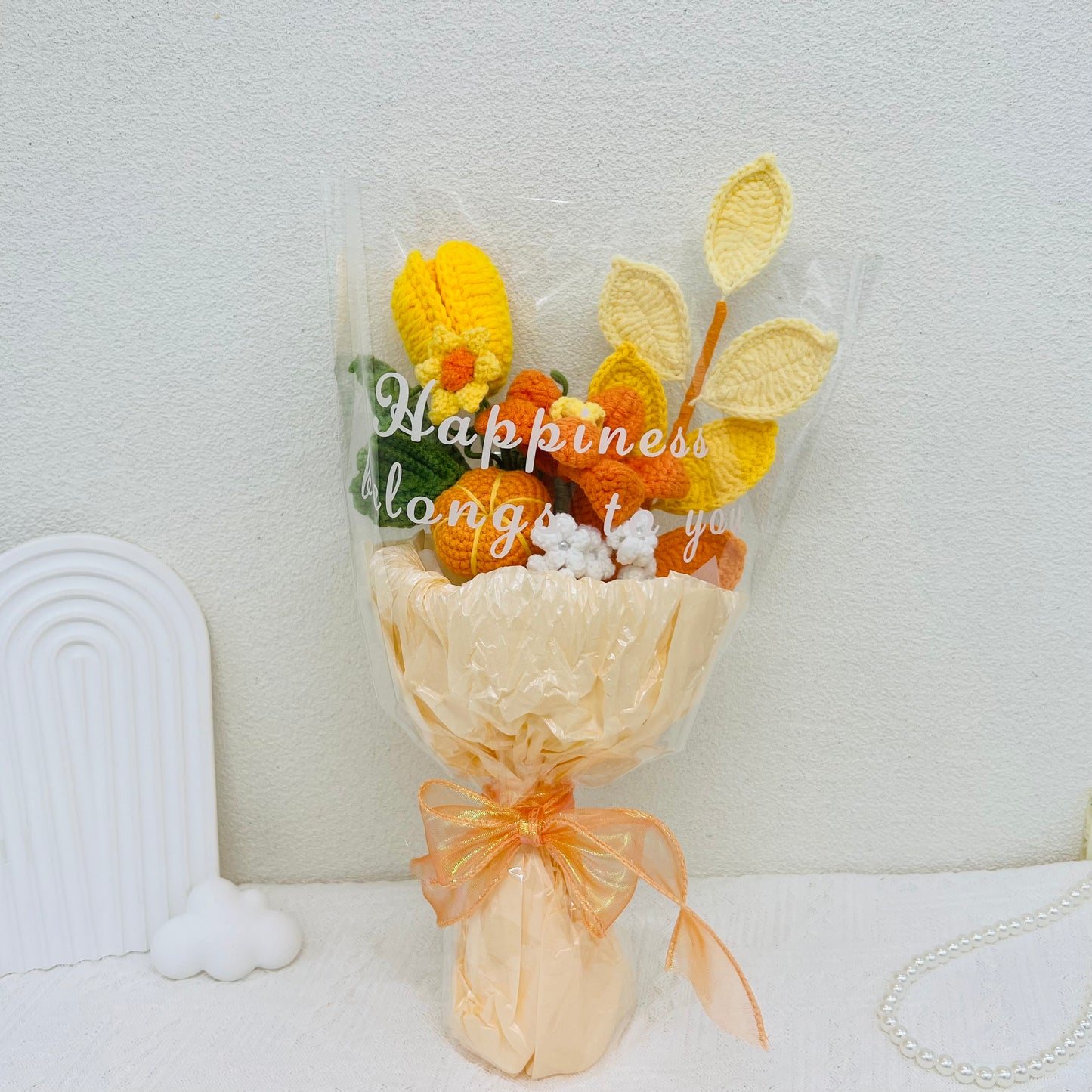 JOMODECOR Handmade Crochet Pumpkin Tulip Bouquet, Knitted Artificial Forever Flowers with Exquisite Wrap, Gift to Girlfriend Mom Women, Perfect for Valentines, Home Decor, Celebration (Mixed Flowers)