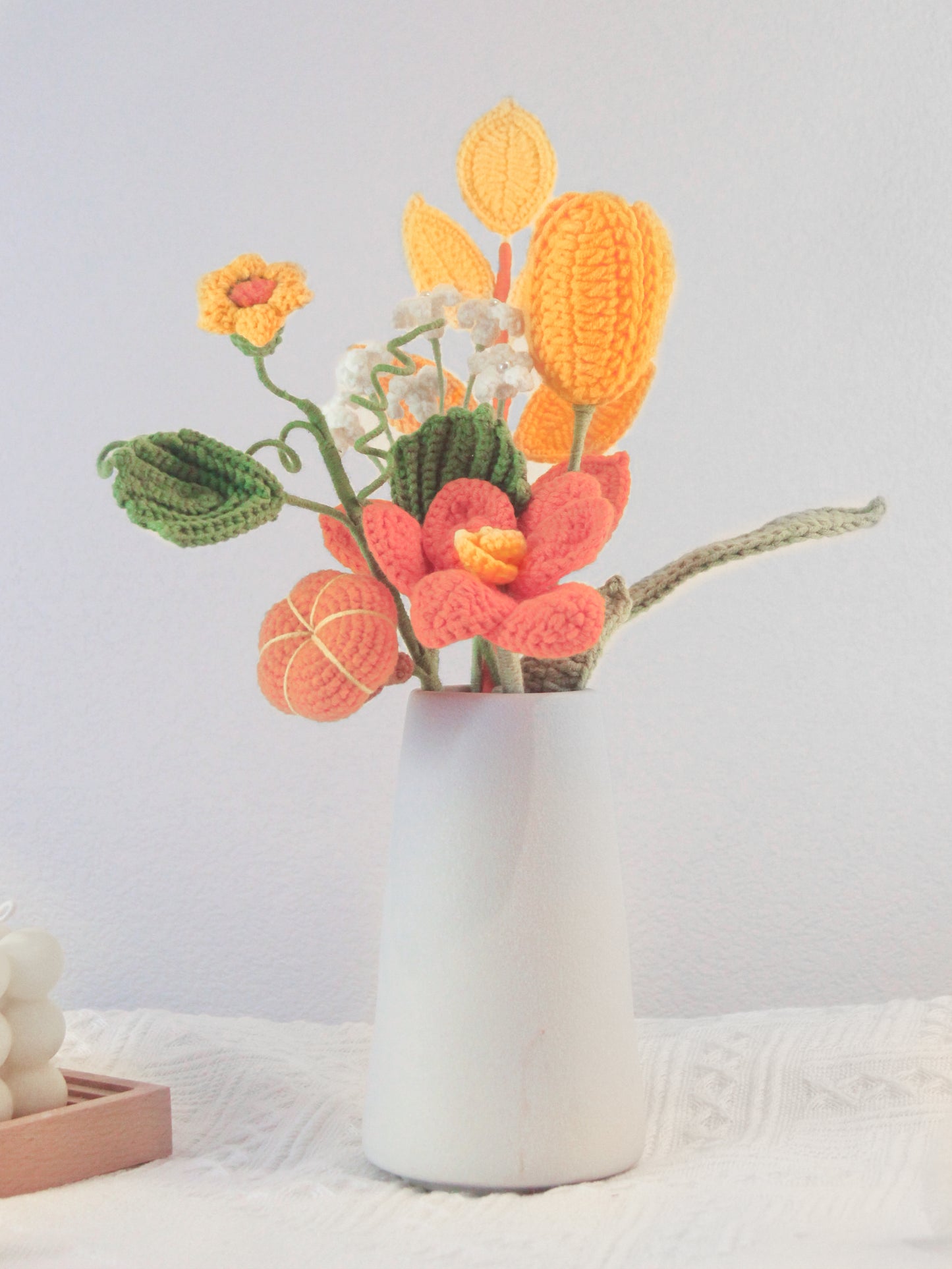 JOMODECOR Handmade Crochet Pumpkin Tulip Bouquet, Knitted Artificial Forever Flowers with Exquisite Wrap, Gift to Girlfriend Mom Women, Perfect for Valentines, Home Decor, Celebration (Mixed Flowers)