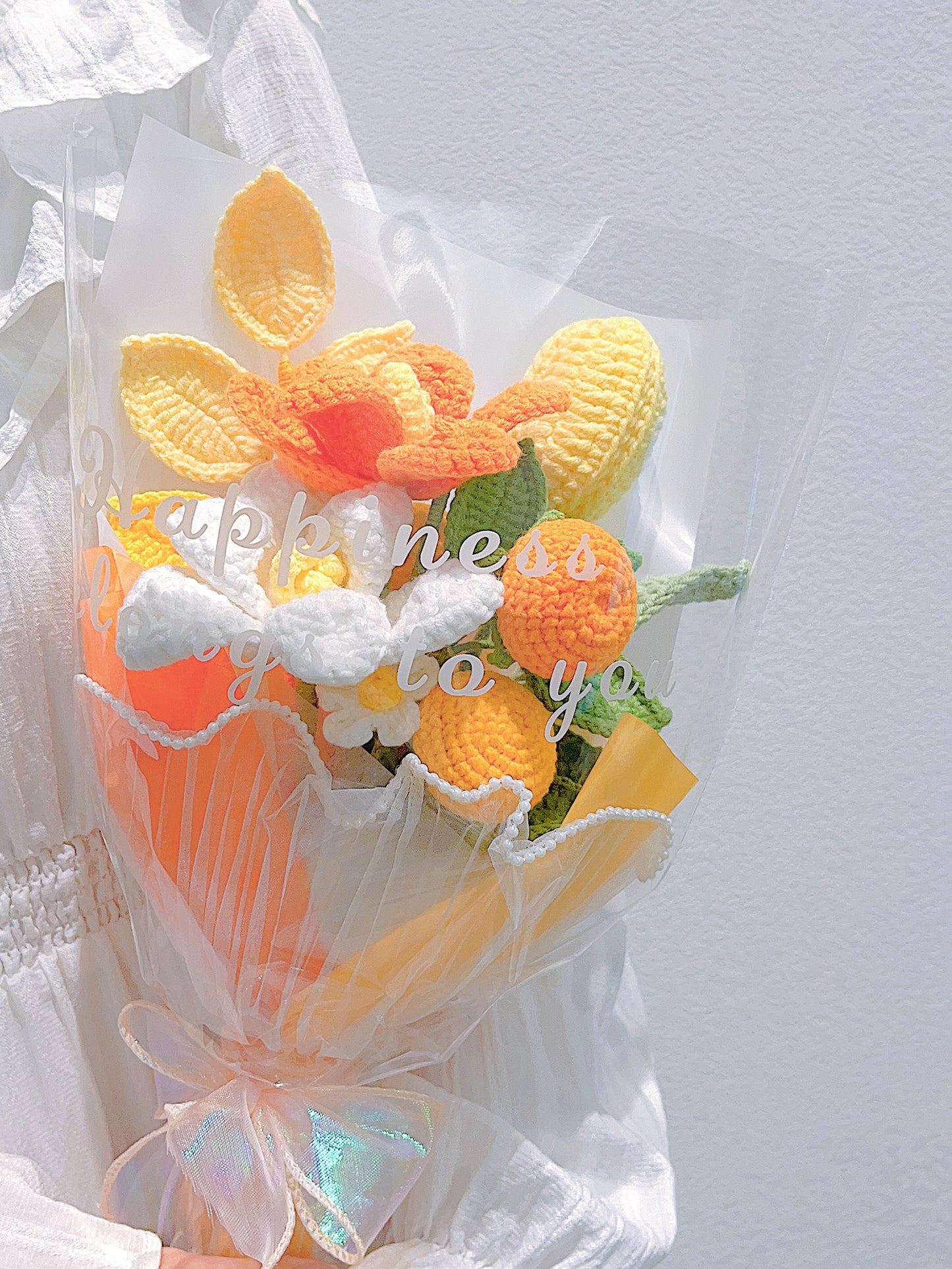 JOMODECOR Handmade Crochet Tulip Orange Bouquet, Knitted Artificial Forever Flowers with Exquisite Wrap, Gift to Girlfriend Mom Women, Perfect for Valentines, Home Decor, Celebration (Mixed Flowers)