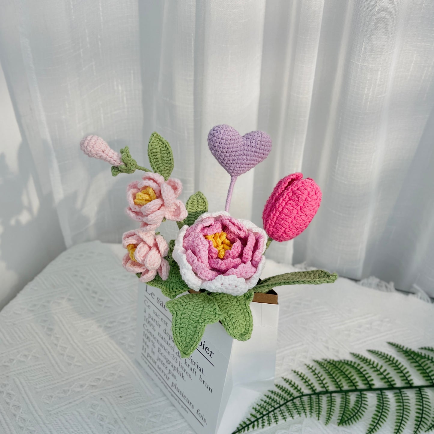 JOMODECOR Handmade Crochet Peony Heart Bouquet, Knitted Artificial Forever Flowers with Exquisite Wrap, Gift to Girlfriend Mom Women, Perfect for Valentines, Home Decor, Celebration (Mixed Flowers)