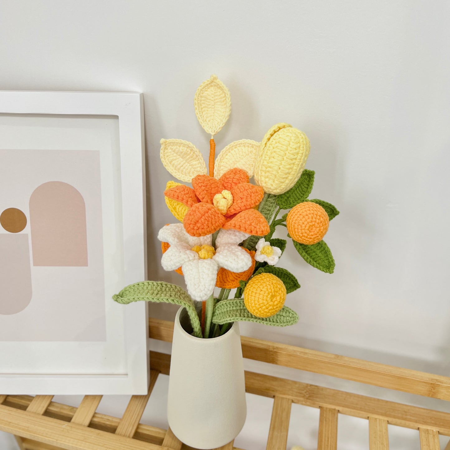 JOMODECOR Handmade Crochet Tulip Orange Bouquet, Knitted Artificial Forever Flowers with Exquisite Wrap, Gift to Girlfriend Mom Women, Perfect for Valentines, Home Decor, Celebration (Mixed Flowers)