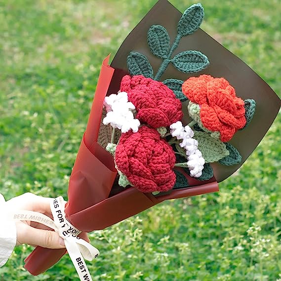 JOMODECOR Handmade Crochet Rose Flower Bouquet, Knitted Artificial Forever Flowers with Exquisite Wrap, Gift to Girlfriend Mom Women, Perfect for Valentines, Home Decor, Celebration (Mixed Flowers)