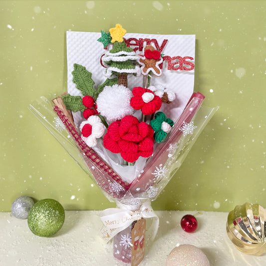 JOMODECOR Handmade Crochet Tree Rose Berry Bouquet, Knitted Artificial Forever Flowers with Exquisite Wrap, Gift to Friends Women, Perfect for Christmas Decoration, Home Decor, Party