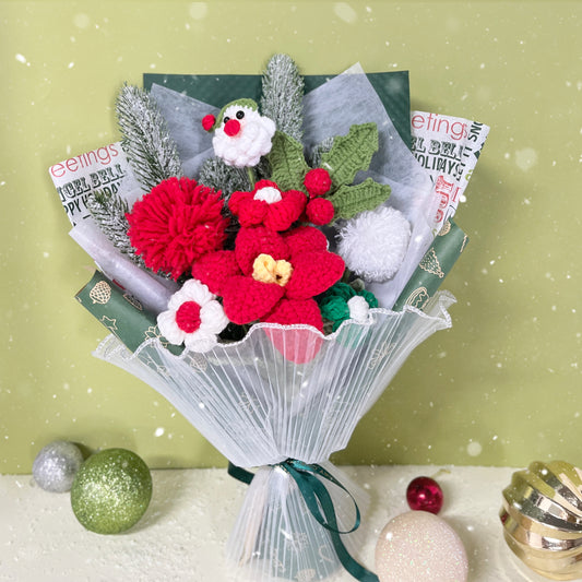 JOMODECOR Handmade Crochet Santa Tulip Berry Bouquet, Knitted Artificial Forever Flowers with Exquisite Wrap, Gift to Friends Women, Perfect for Christmas Decoration, Home Decor, Party