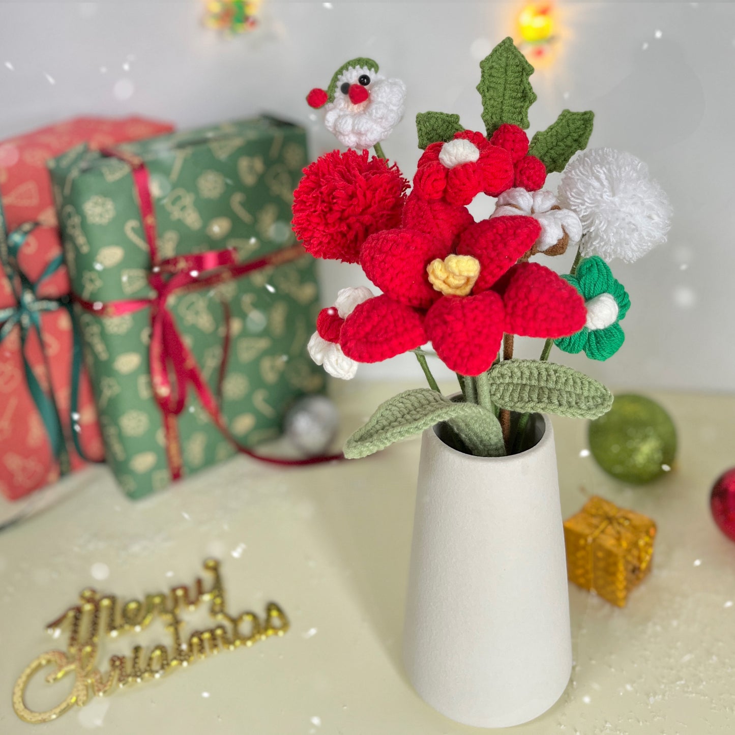 JOMODECOR Handmade Crochet Santa Tulip Berry Bouquet, Knitted Artificial Forever Flowers with Exquisite Wrap, Gift to Friends Women, Perfect for Christmas Decoration, Home Decor, Party