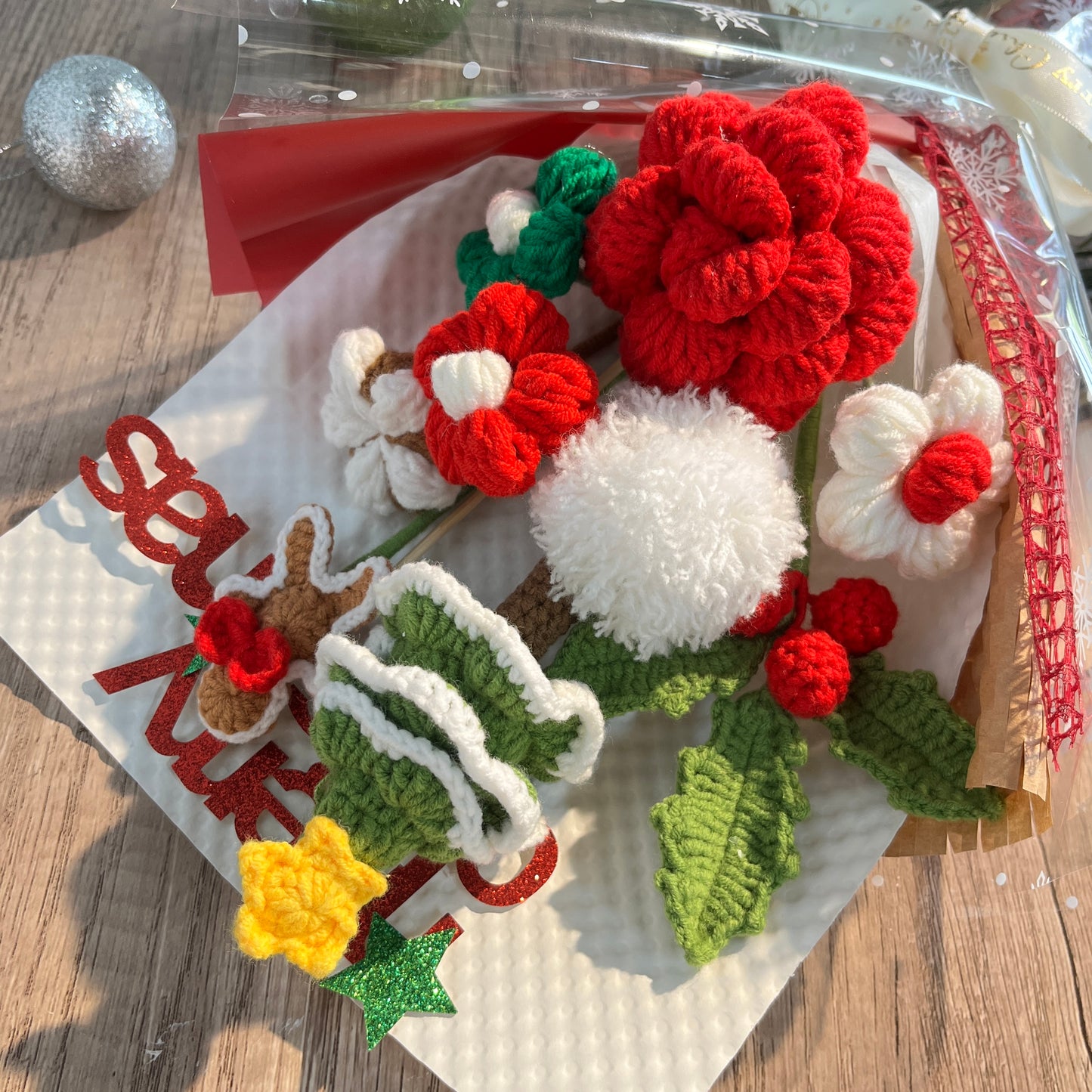 JOMODECOR Handmade Crochet Tree Rose Berry Bouquet, Knitted Artificial Forever Flowers with Exquisite Wrap, Gift to Friends Women, Perfect for Christmas Decoration, Home Decor, Party